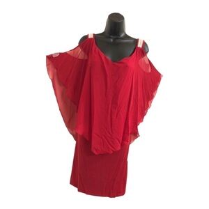 EnFocus red sheer cape sequin strap cold shoulder elegant plus size dress 14W
